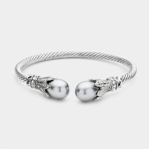 Gray Pearl Tip Twist Rope Cable Style Cuff Bracelet Bangle Metal Accessories